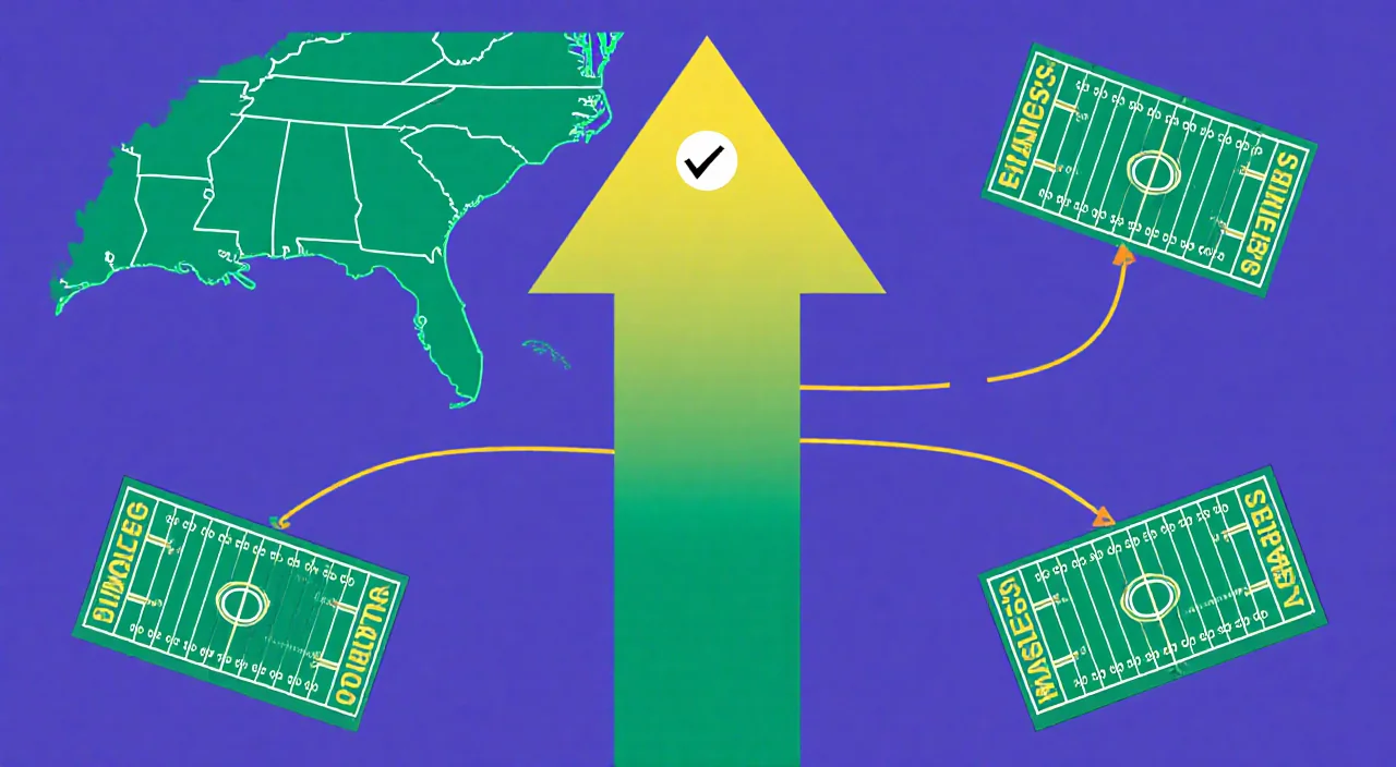 Arrow points upward over stylized Eagles division map with checkmark and three small football fields.