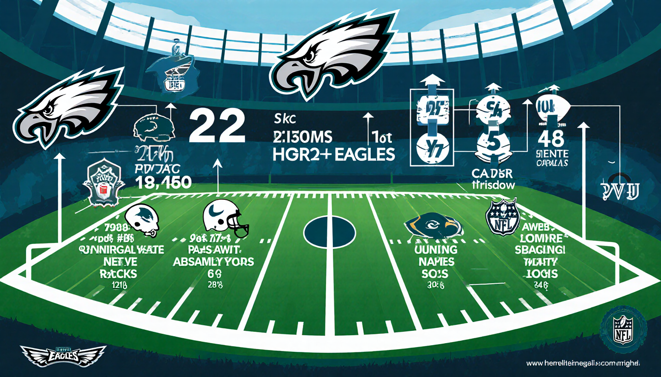 Infographic chart rising with Philadelphia Eagles logo on football field background showing scoring average and yardage