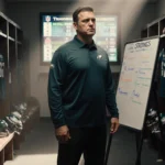 Coach Nick Sirianni studying the whiteboard with warm natural light and Eagles seed on NFL standings screen