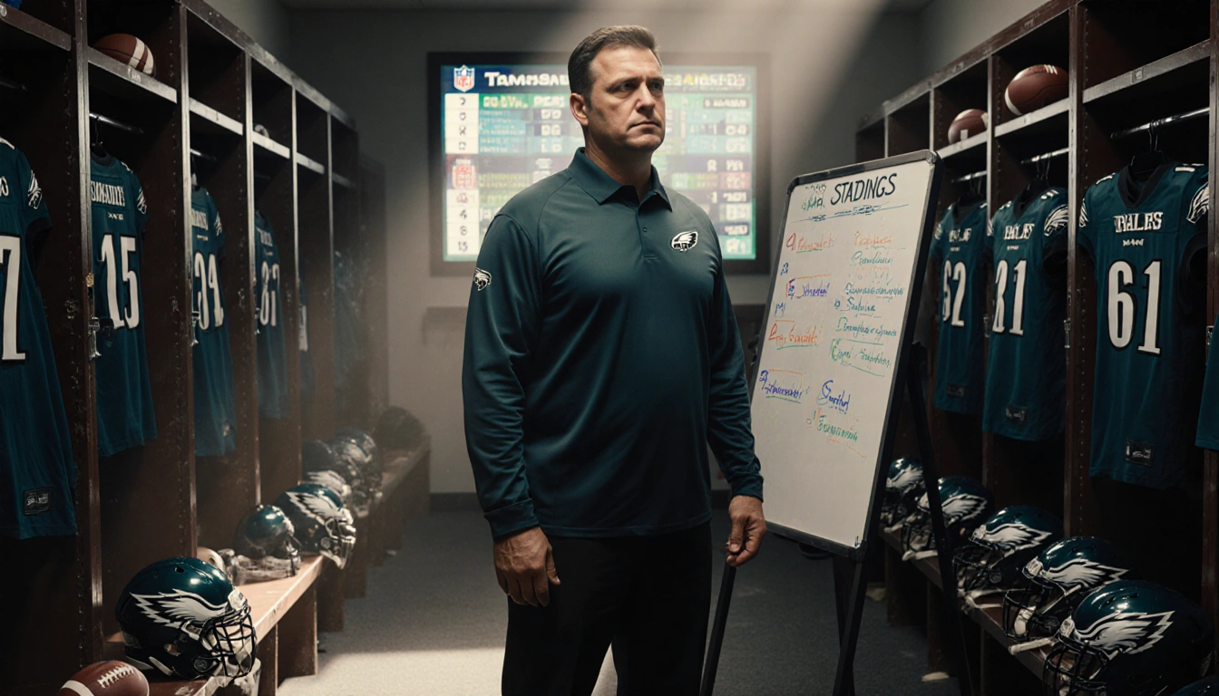 Coach Nick Sirianni studying the whiteboard with warm natural light and Eagles seed on NFL standings screen