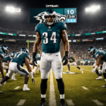 Jihaad Campbell calls a play with line around him Chargers quarterback dropping lights night.