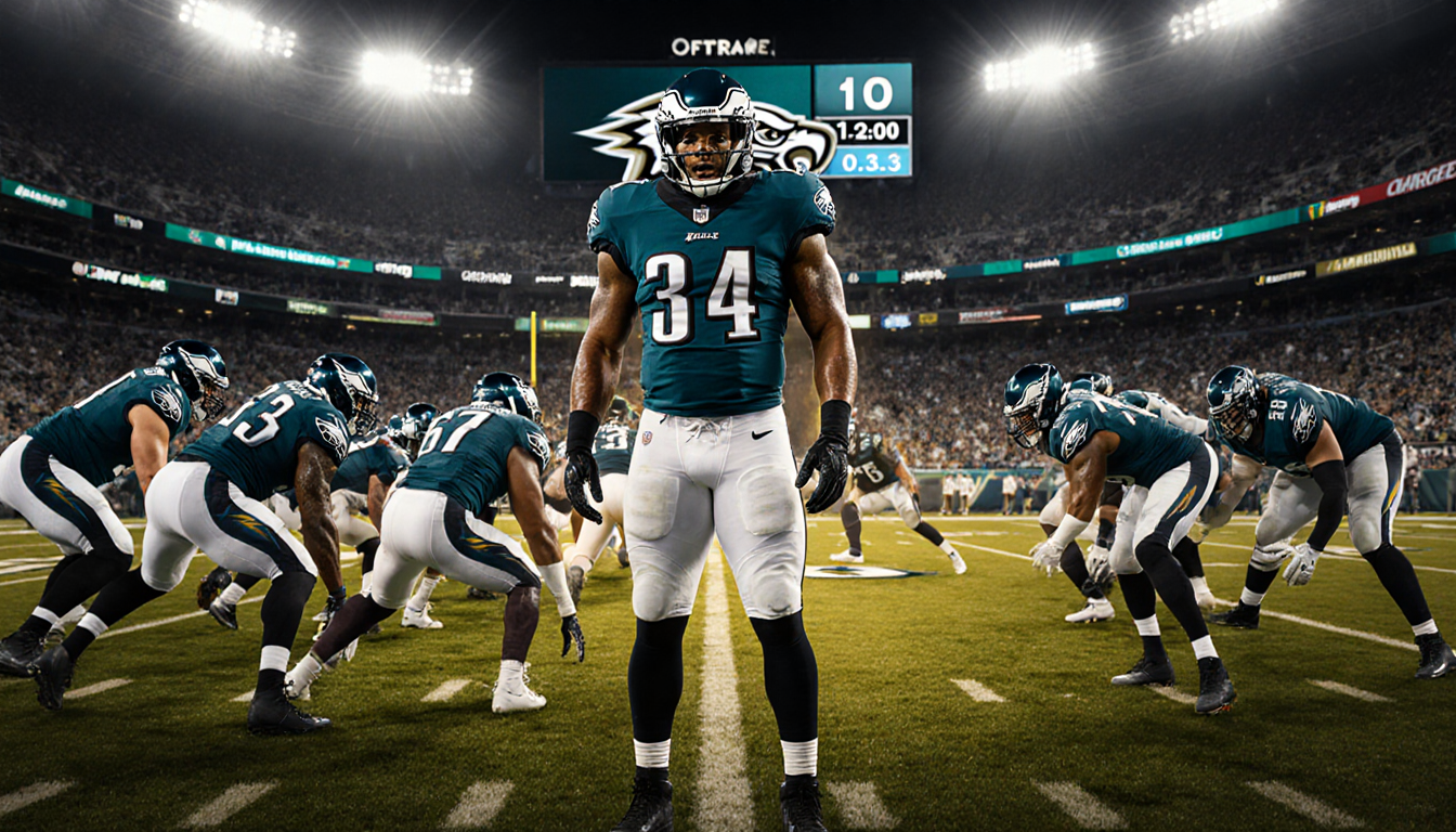 Jihaad Campbell calls a play with line around him Chargers quarterback dropping lights night.