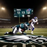 Defensive player tackled to ground by Bills player with Eagles logo on turf and scoreboard 13-12 under golden stadium lights