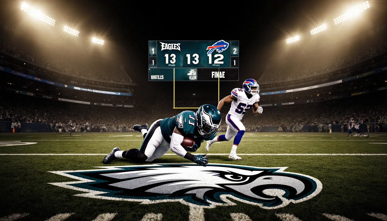 Defensive player tackled to ground by Bills player with Eagles logo on turf and scoreboard 13-12 under golden stadium lights