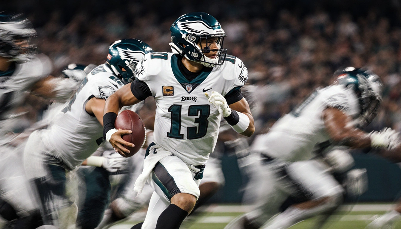 Jalen Hurts leading Eagles offense in motion with teammates rushing and dynamic speed