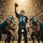 Eagles offensive line celebrating with confetti while Nick Foles holds a football under golden glow.