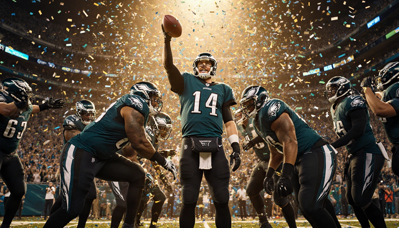 Eagles offensive line celebrating with confetti while Nick Foles holds a football under golden glow.