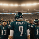 The quarterback stands with eyes fixed on the target amidst a sea of screaming fans clad in midnight green and silver jerseys