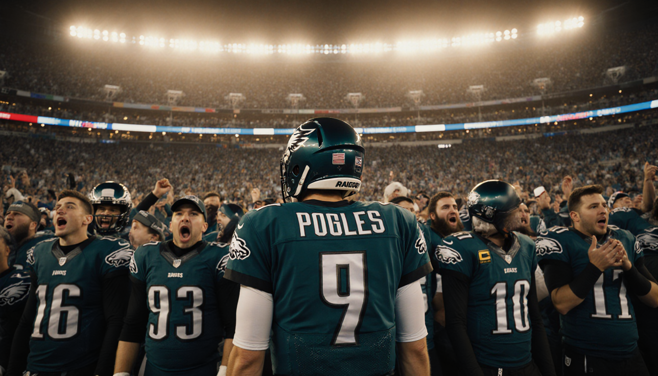 The quarterback stands with eyes fixed on the target amidst a sea of screaming fans clad in midnight green and silver jerseys