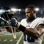 Eagles football player grips a helmet with determined face standing before blurred Chargers stadium lights and a field stripe