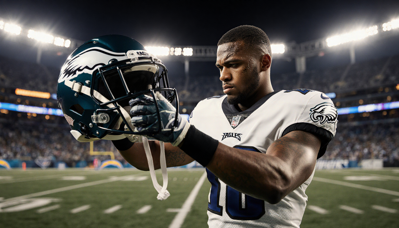 Eagles football player grips a helmet with determined face standing before blurred Chargers stadium lights and a field stripe