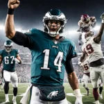 Jalen Hurts stands with Eagles jersey and teammates while Saquon Barkley catches a touchdown.
