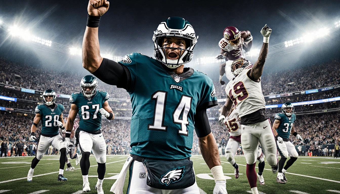 Jalen Hurts stands with Eagles jersey and teammates while Saquon Barkley catches a touchdown.