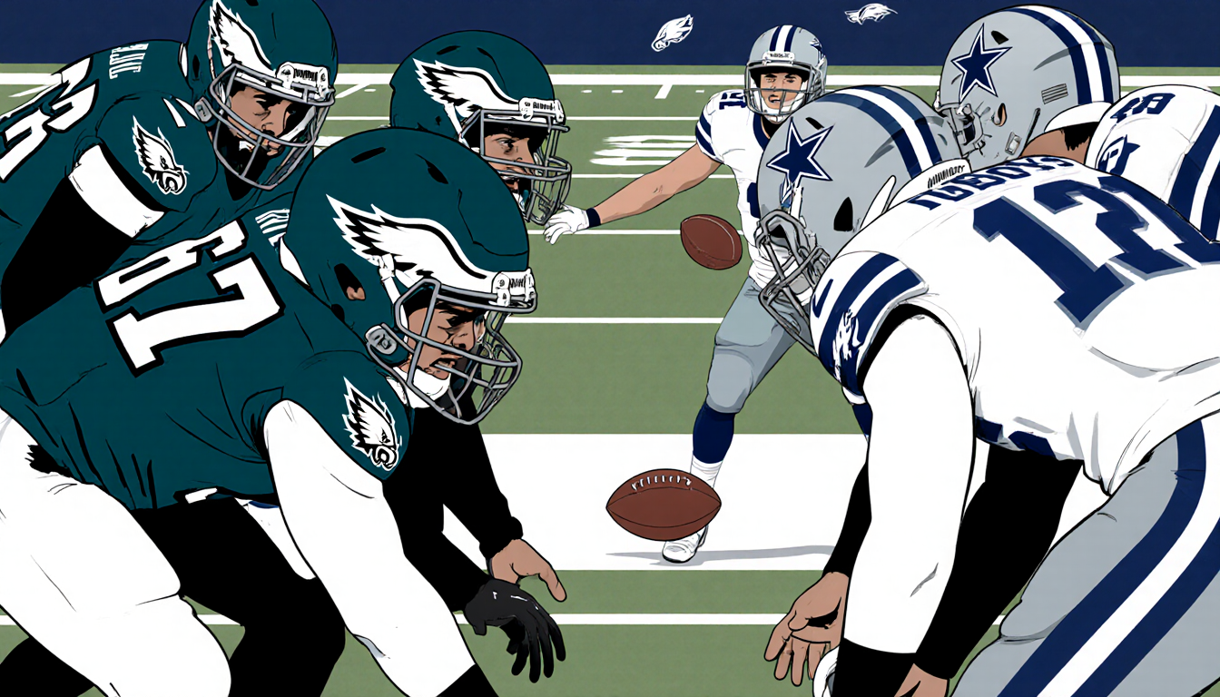 Eagles defenders react to quarterback with eyes fixed and fumble indicating secondary concern