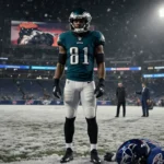 Eagles player standing on snowy Bills field with glowing stadium light and the iconic New Era Field in the background.