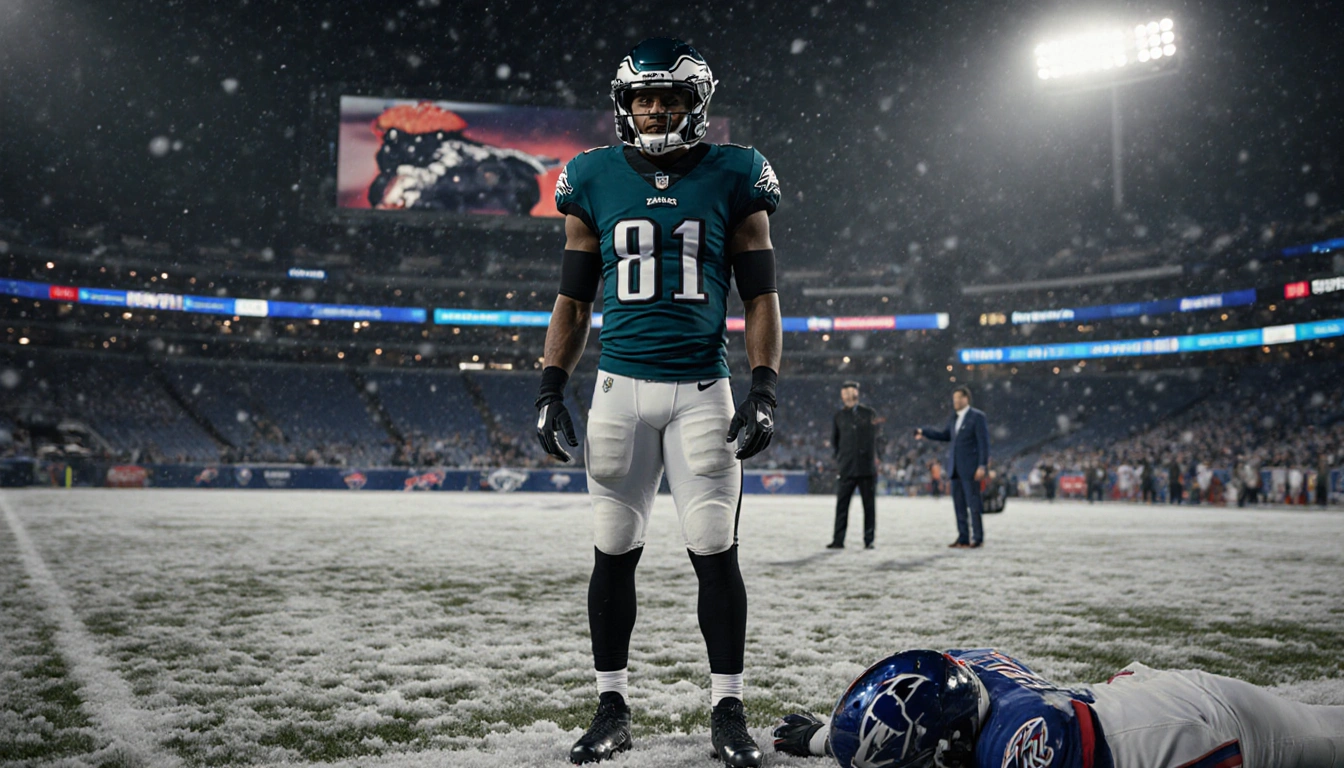 Eagles player standing on snowy Bills field with glowing stadium light and the iconic New Era Field in the background.