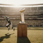A lone football player leaping over an Eagles trophy at old stadium with golden hour light and cheering fans below