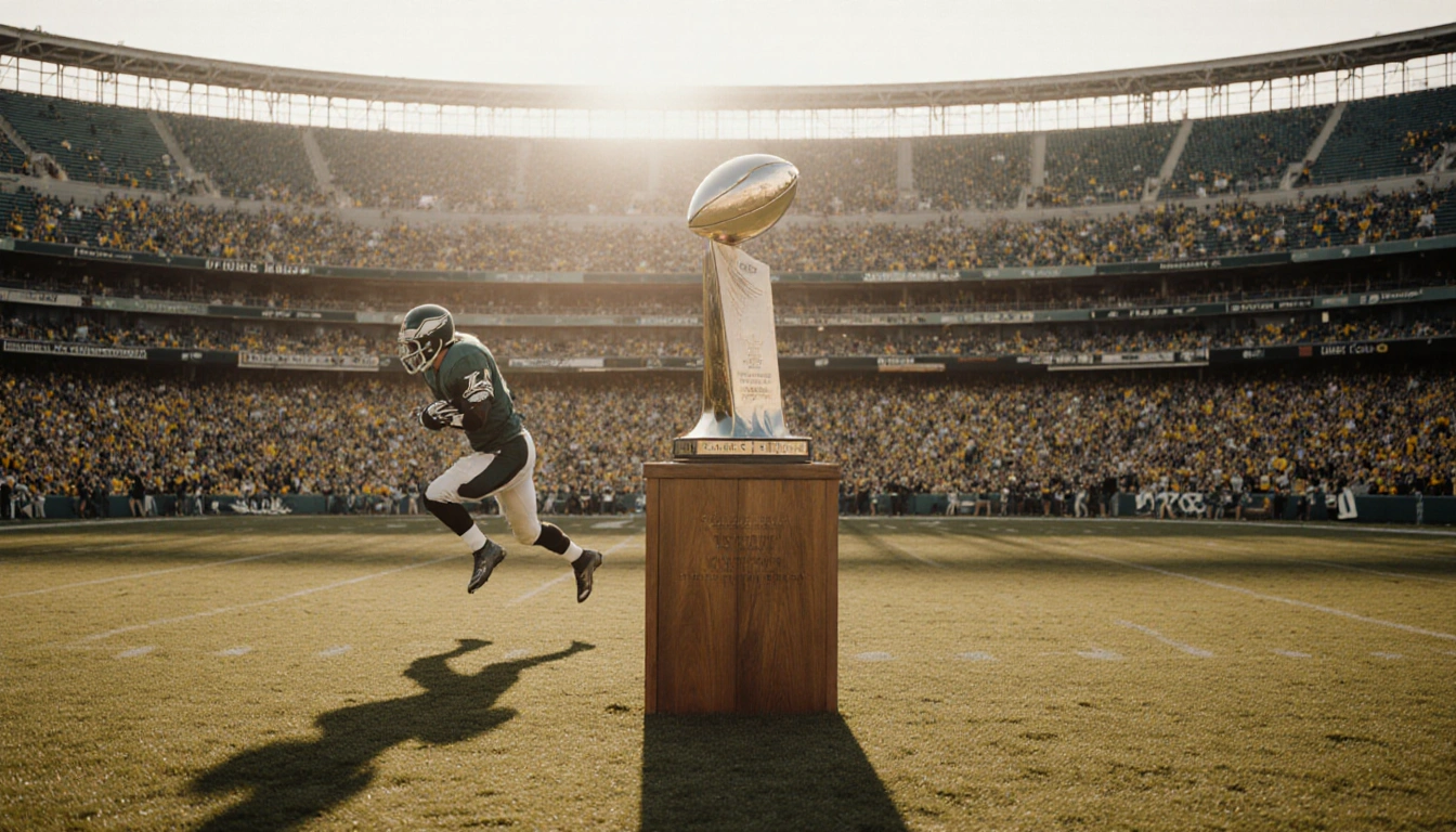 A lone football player leaping over an Eagles trophy at old stadium with golden hour light and cheering fans below