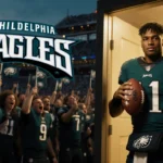 Jalen Hurts stands tall with a football under his arm in front of the Eagles logo and a dusk stadium crowd behind