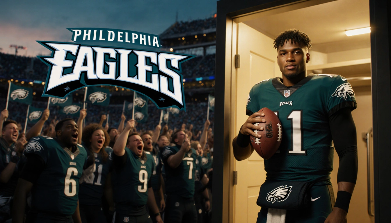Jalen Hurts stands tall with a football under his arm in front of the Eagles logo and a dusk stadium crowd behind