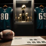 Trophy case glinting with gold and silver trophies in locker room with Eagles jerseys behind football on table defense stats