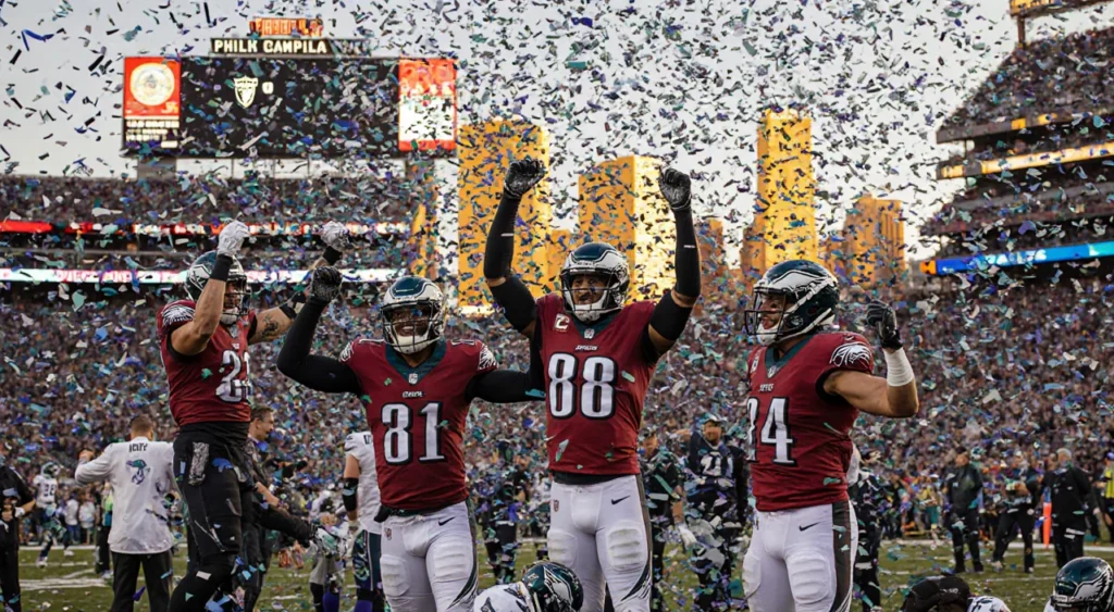 Eagles players celebrate with confetti raining and a scoreboard showing 31-0 in the background.