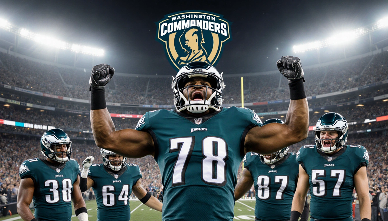 Eagles player raises arms in victory celebration with packed stadium lights and Commanders logo in background