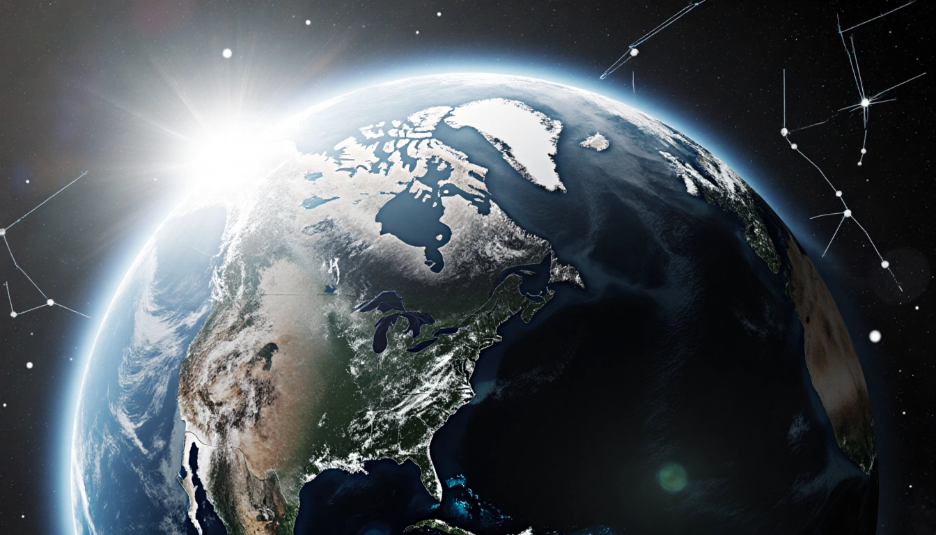 Earth displays winter landscape with northern hemisphere in shadow and southern hemisphere lit sunlight