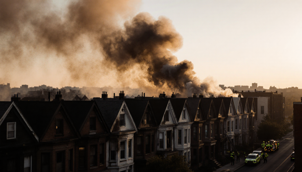 Firefighters battling blaze with bright yellow jackets against smoke-filled dawn sky and charred rooftops