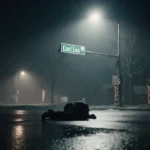 Crumpled figure lies on asphalt with lone streetlight casting glow and faint Christmas lights reflecting off wet pavement