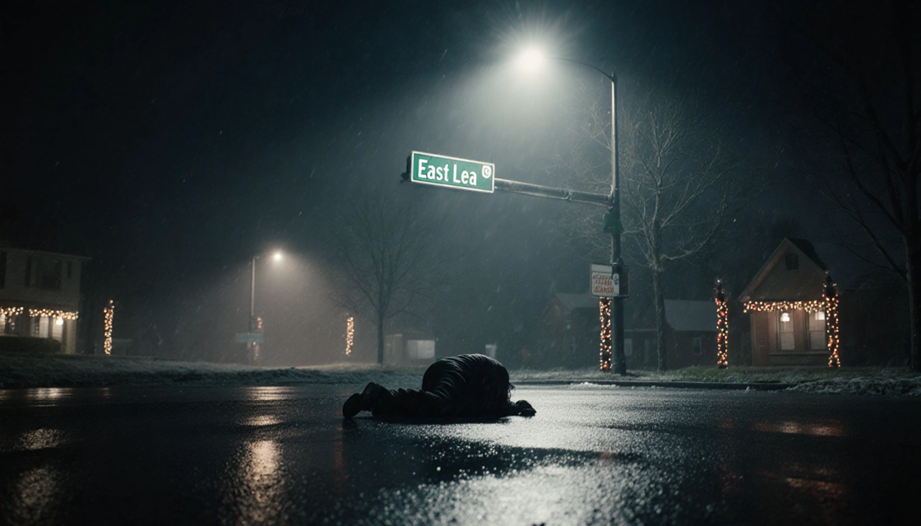 Crumpled figure lies on asphalt with lone streetlight casting glow and faint Christmas lights reflecting off wet pavement