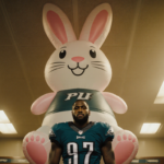 Philadelphia Eagles A.J. Dillon stands proudly with a deflated 12-foot Easter Bunny hanging from the locker room ceiling
