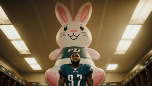 Eagles RB A.J. Dillon Brings a 12‑Foot Inflatable Easter Bunny to the Locker Room
