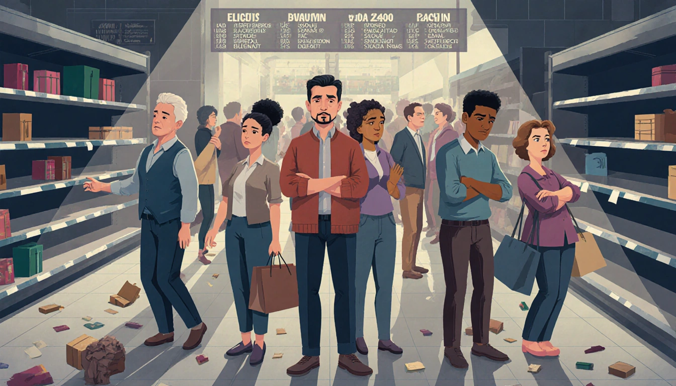 Adults standing amid empty shelves in dimly lit mall with concerned faces and bags and ticker tape reads 'Inflation soars