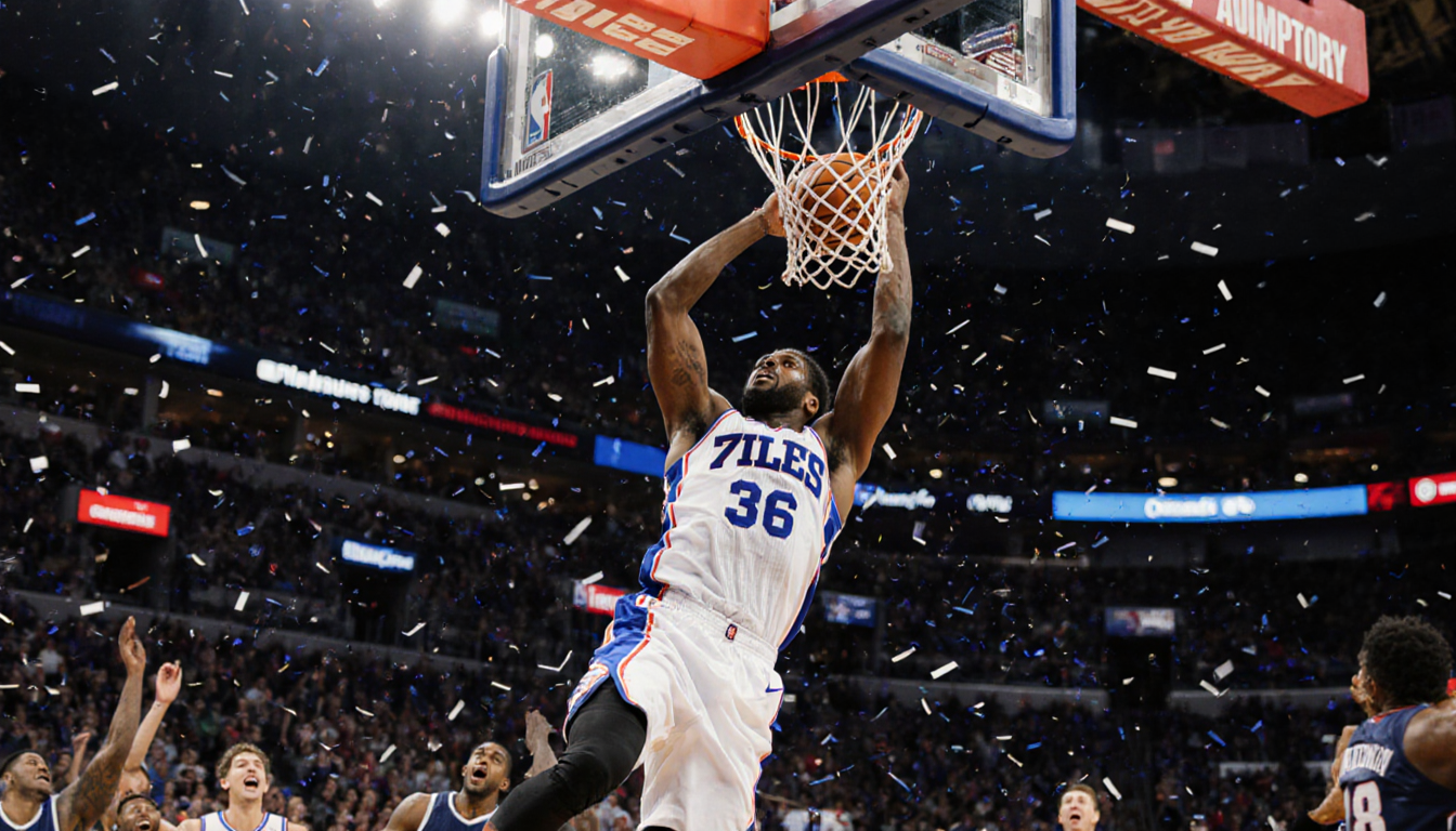 Edgecombe leaps toward the hoop securing a rebound scoring the game-winner with arena lights Sixers bench cheering confetti