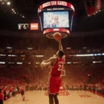 Edgecombe shooting a winning basket with the MSG scoreboard towering above and a sea of cheering fans behind him