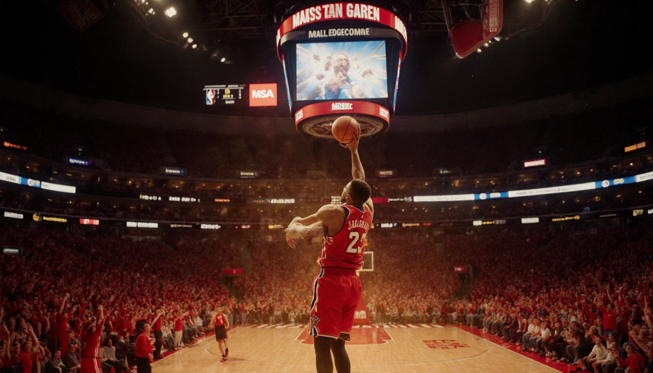 Edgecombe shooting a winning basket with the MSG scoreboard towering above and a sea of cheering fans behind him