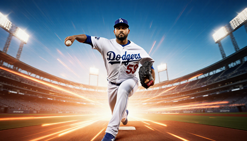 Edwin Diaz pitching with Dodgers jersey and cap against sunset Dodger Stadium scene with motion lines.