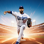 Edwin Diaz pitching with Dodgers jersey and cap against sunset Dodger Stadium scene with motion lines.