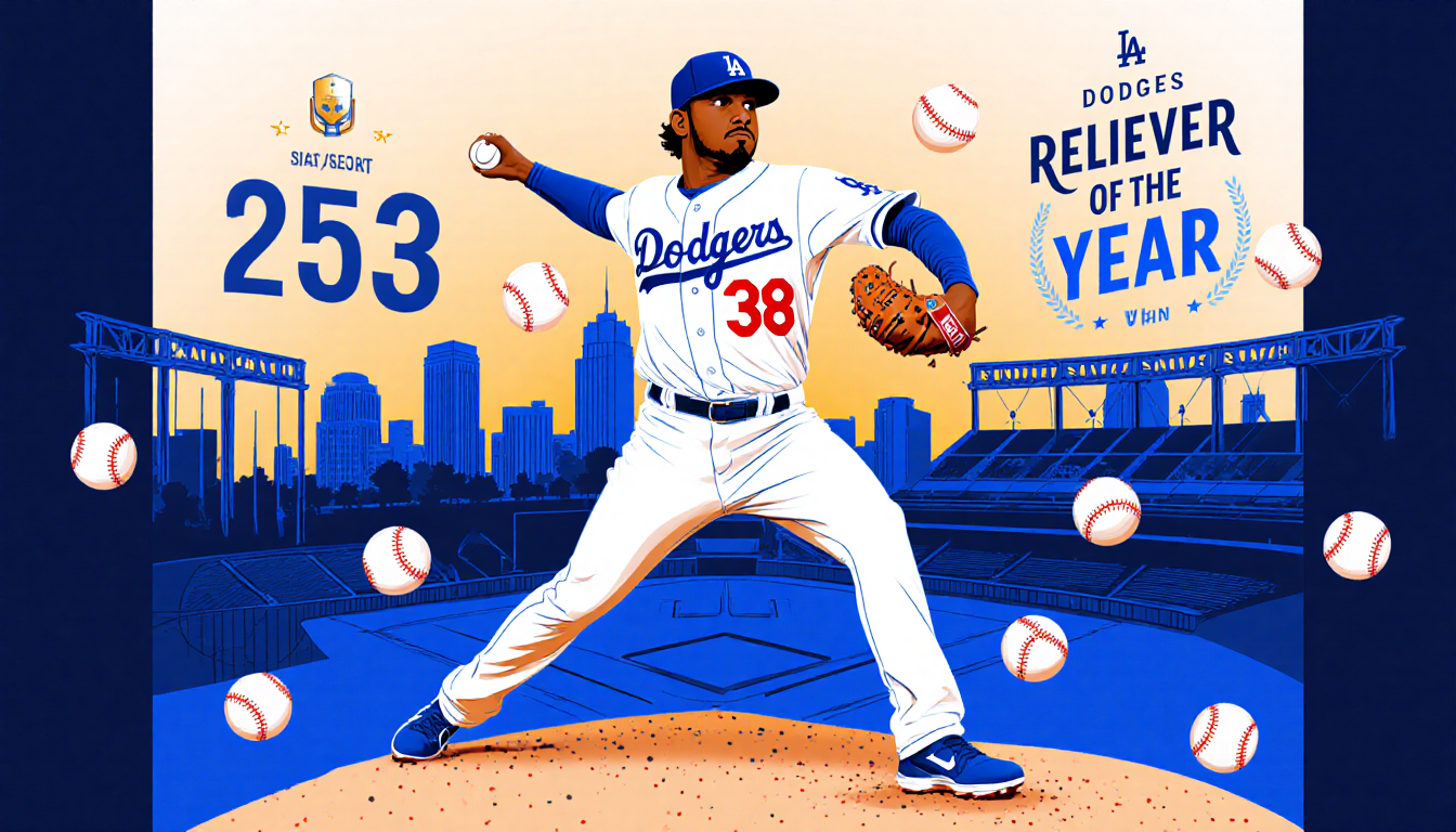 Edwin Diaz stands on the mound as a Dodgers reliever with a glove and cap next to a trophy near a Los Angeles skyline