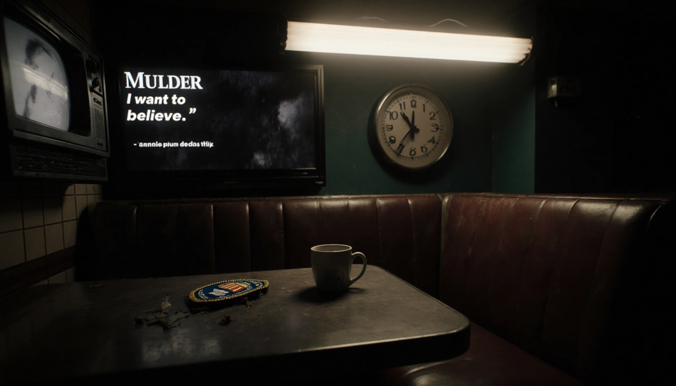 Dimly-lit diner counter flickers under a single fluorescent light with a worn booth and a crumpled FBI badge on the table