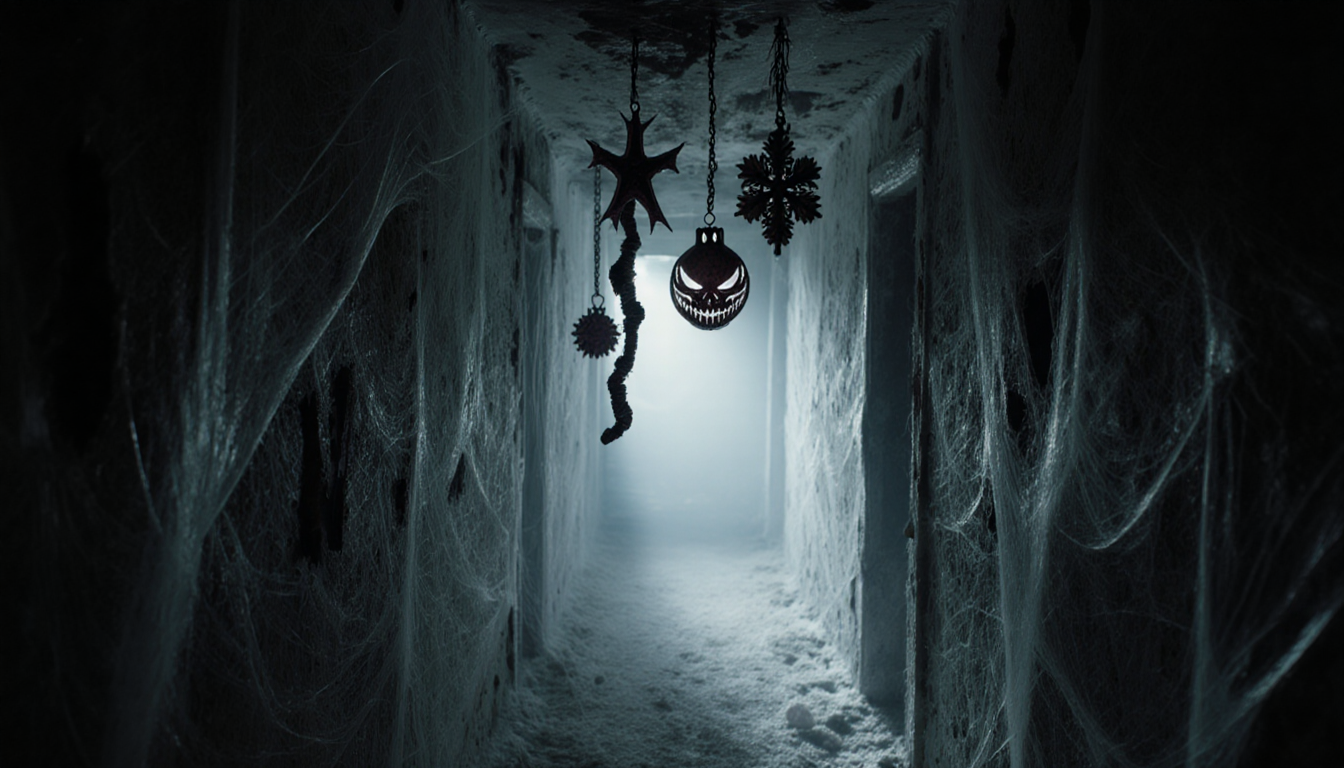 Eerie corridor echoes with mist and cobwebs and twisted Christmas decorations hanging in a haunted house