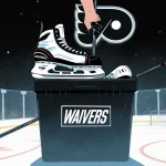 Equipment from Egor Zamula is dropped into a waiver bin with Philadelphia Flyers logo and blurred hockey rink in background