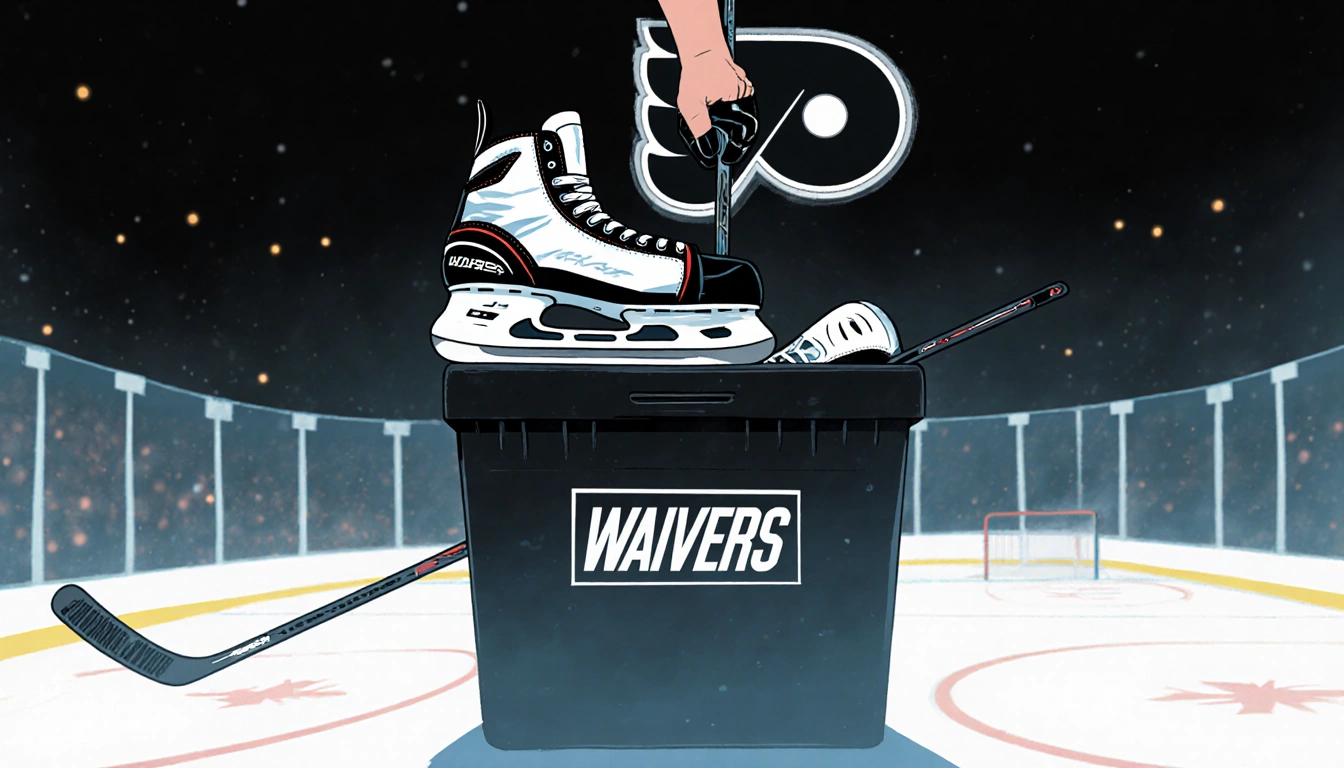 Equipment from Egor Zamula is dropped into a waiver bin with Philadelphia Flyers logo and blurred hockey rink in background