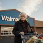 Eileen standing outside Walmart with a nostalgic look and a faded shopping cart in front of her under a warm autumn glow.