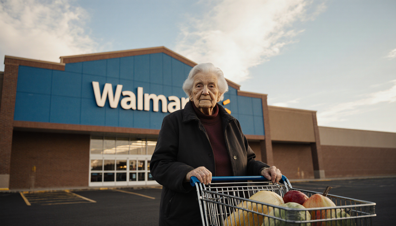 Eileen standing outside Walmart with a nostalgic look and a faded shopping cart in front of her under a warm autumn glow.