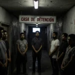 Deportees from El Salvador clasp hands in solidarity with a faded Casa de Detención sign and protest banners in a dim corrido