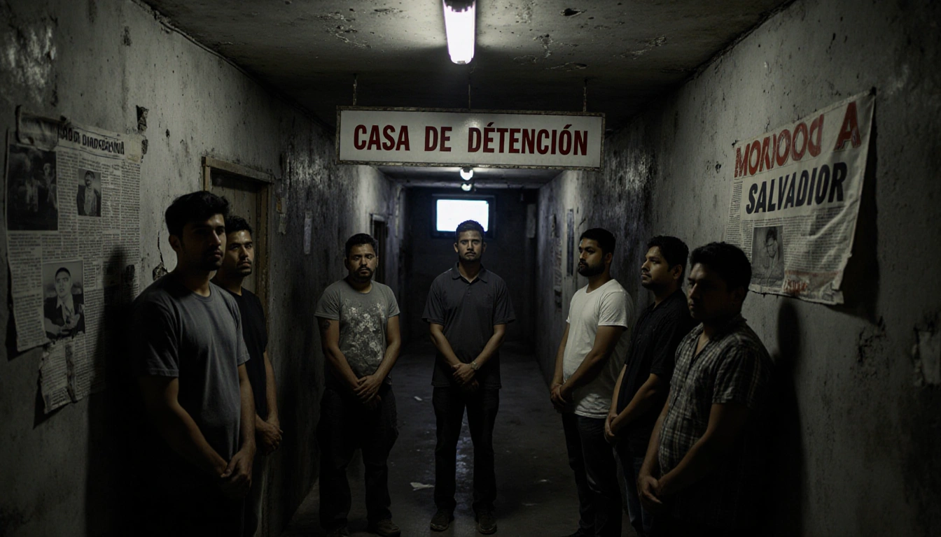 Deportees from El Salvador clasp hands in solidarity with a faded Casa de Detención sign and protest banners in a dim corrido