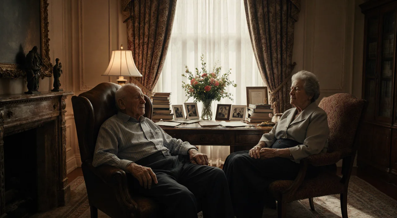 Elderly couple lies on leather armchairs with warm lamp glow and fresh flowers on desk