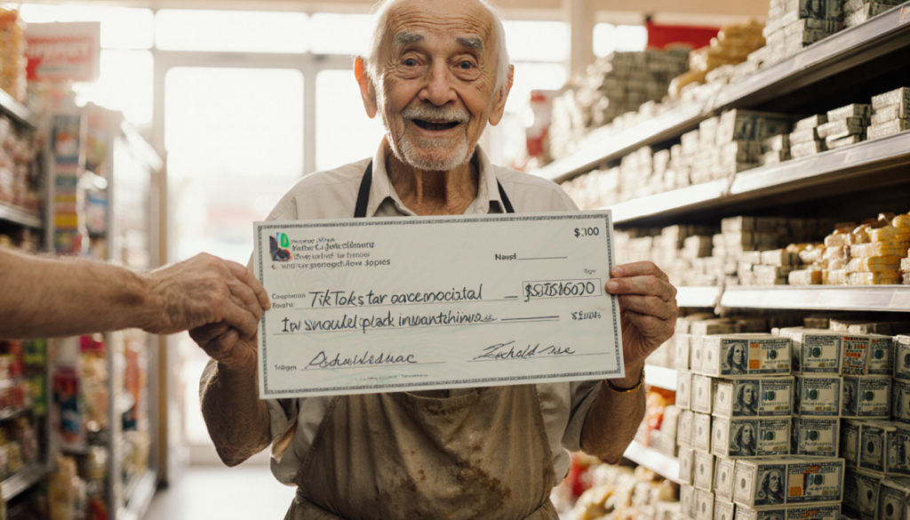 Elderly grocery worker holding large check with surprise and gratitude while philanthropist smiles beside stacks of $100 bill